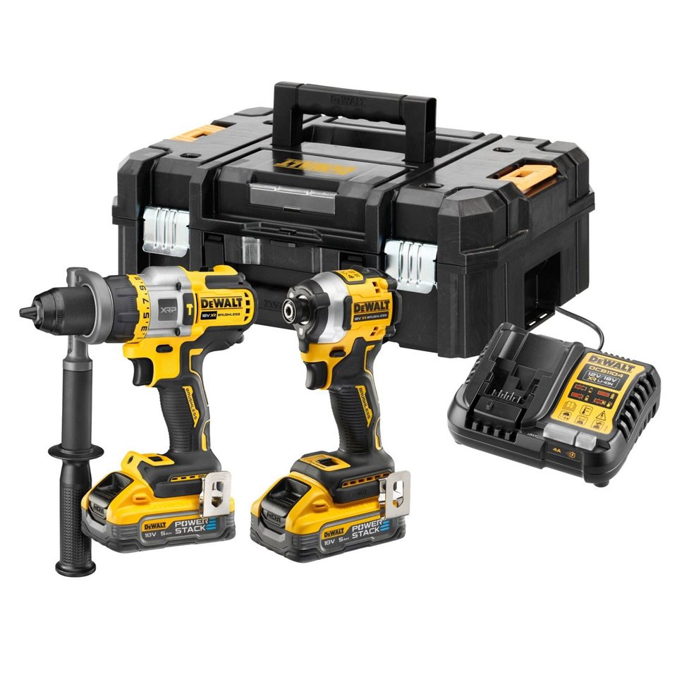 DeWalt cordless drill kit: two yellow/black drills, spare batteries, charger, and a black carrying case.
