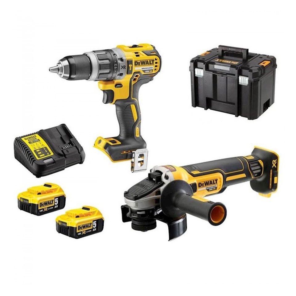 DeWalt cordless tool kit with drill, grinder, batteries, charger, and hard case.
