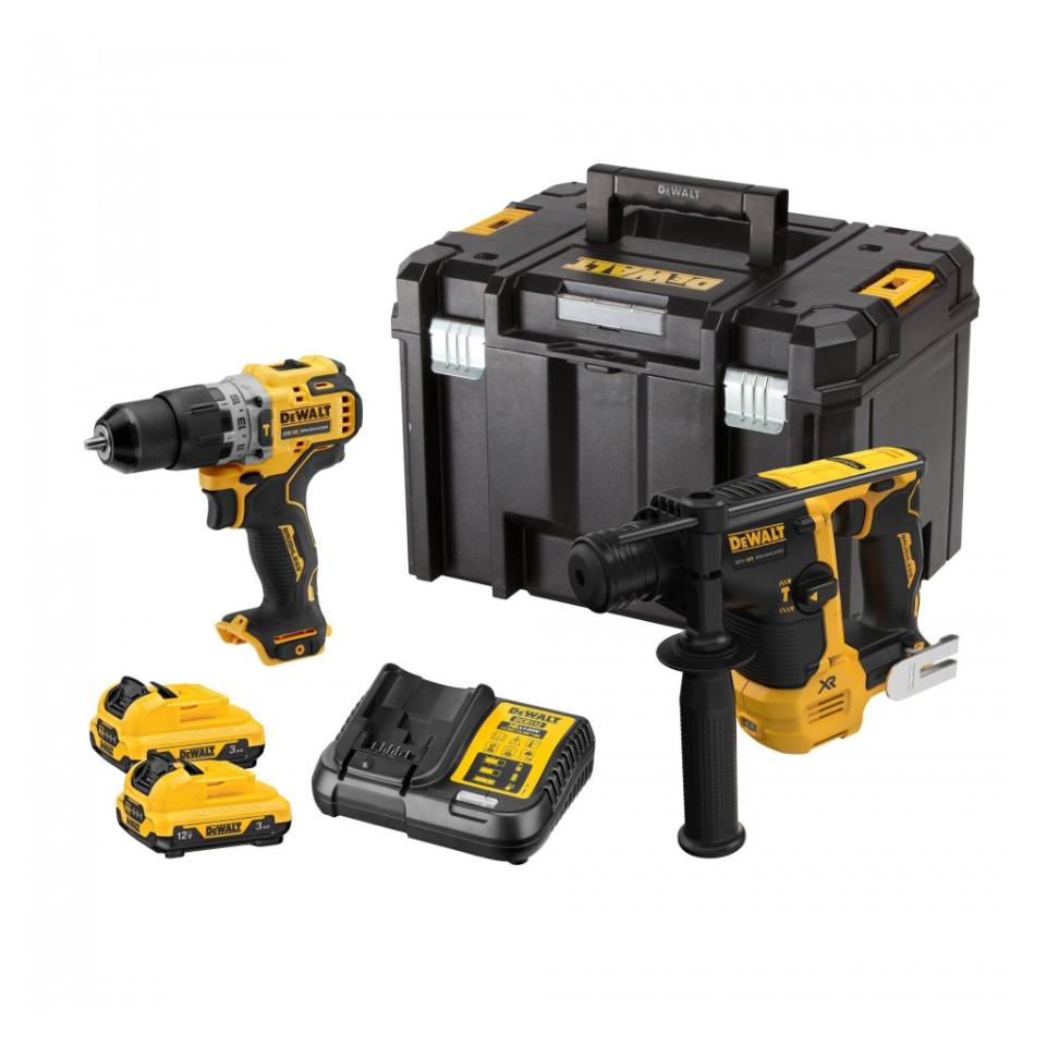 49.DCK2102L2T-QW - Maia & Marques, Lda DeWalt power tool kit including drill, hammer drill, impact driver, two batteries, charger, and carrying case.