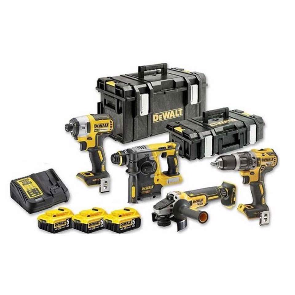 DeWalt cordless tool kit with drill, impact driver, grinder, saw, charger, batteries, and cases