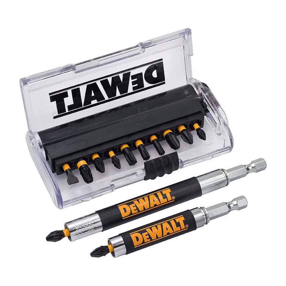 Clear plastic case with a DeWalt bit set and two driver handles.