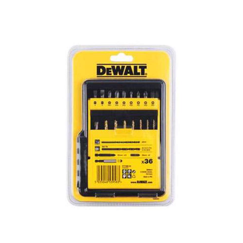 DeWalt drill bit set in yellow/black packaging with multiple bits labeled and sizes visible (36 pieces)