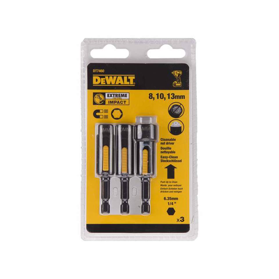 DeWalt 3-piece socket/bit driver set in yellow and black packaging, 8, 10, and 13 mm sizes