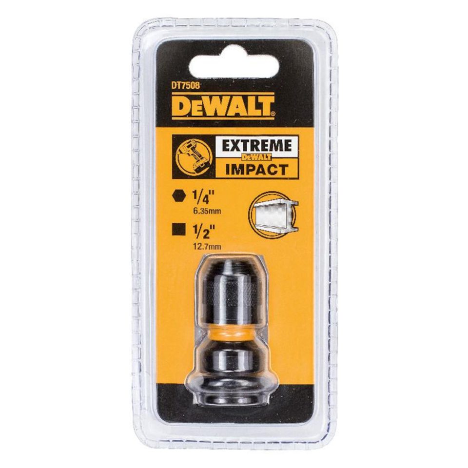 DeWALT Extreme Impact drill/driver bit adapter in orange and black packaging, showing 1/4" and 1/2" drive options and the metal bit visible through the plastic blister