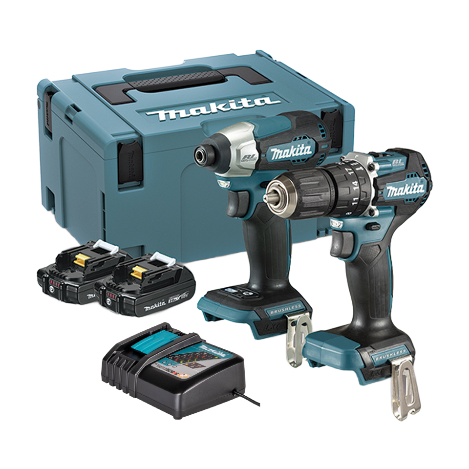 Makita cordless drill/driver kit with a teal storage case, two drills, two batteries, and a charger laid out together