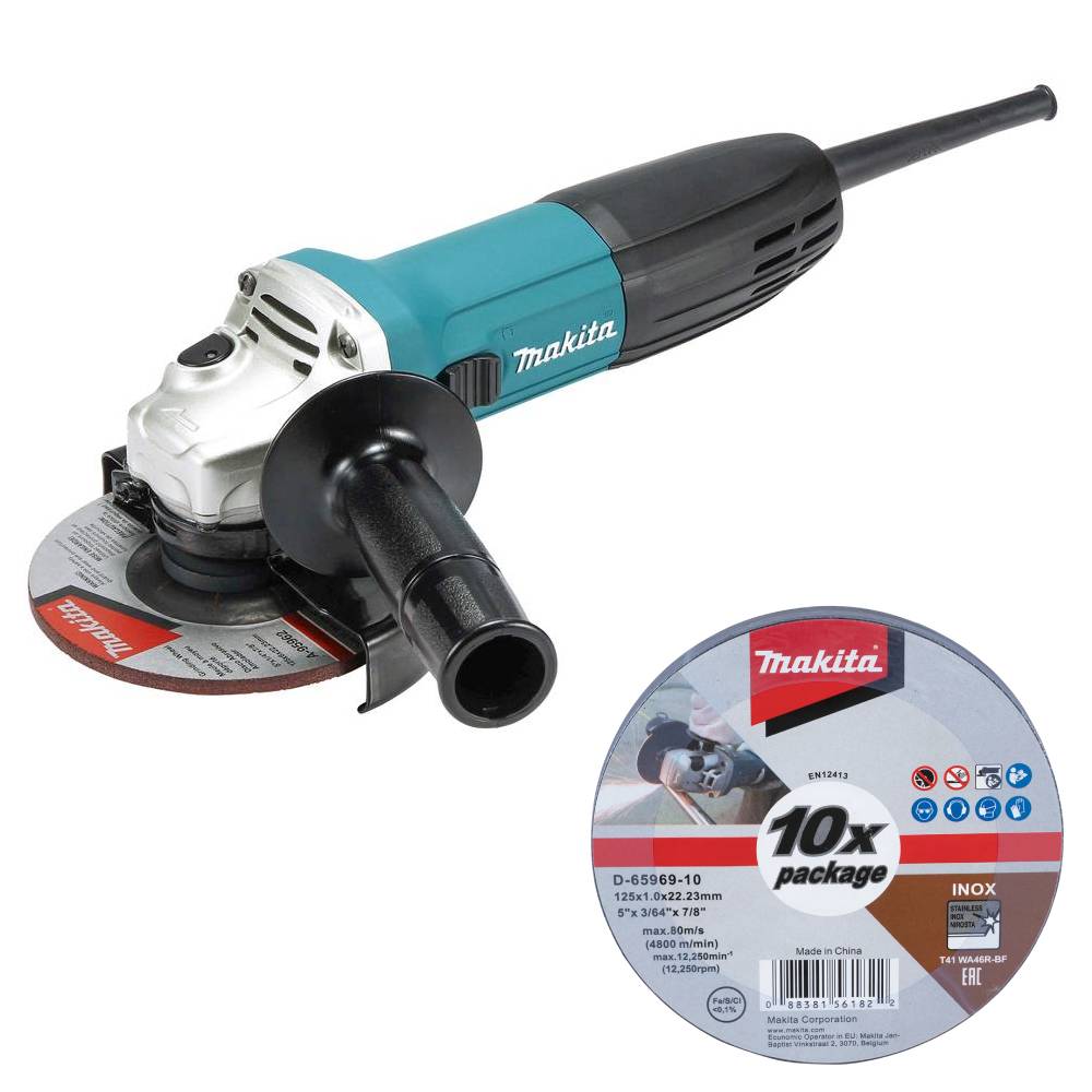 Makita angle grinder with grinding wheel attached and a 10-pack of replacement discs shown beside it.