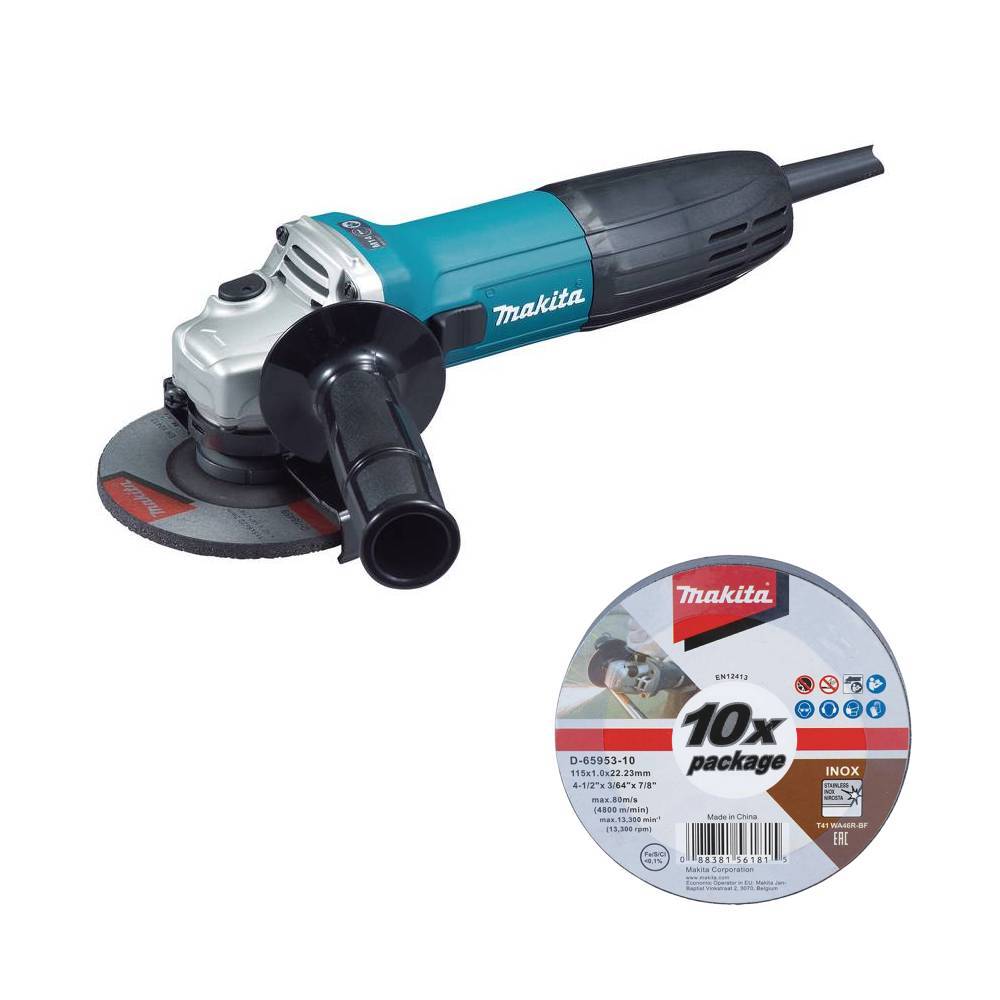 Makita angle grinder with grinding disc and a 10-pack of replacement discs
