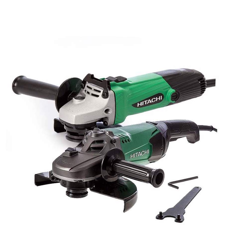 Two green Hitachi power grinders with attached handles and accessories displayed on a white background.