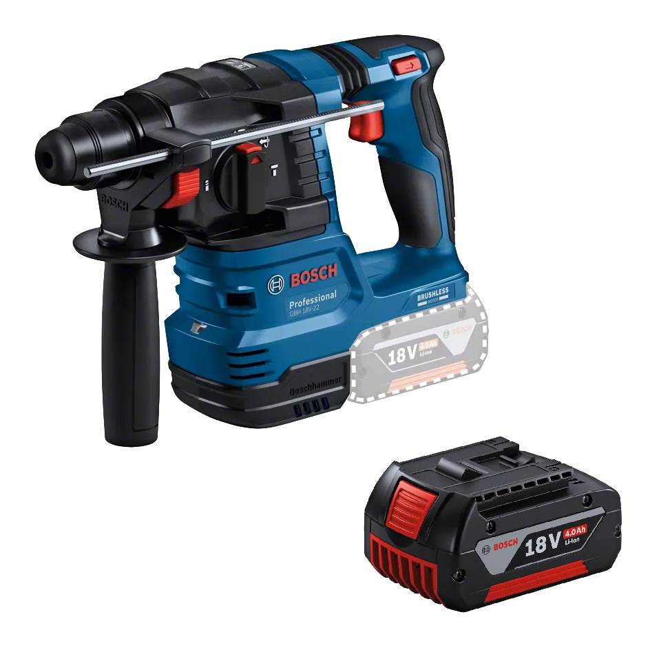 99.KIT02 - Maia & Marques, Lda Bosch cordless hammer drill with an 18V battery and stand-alone spare battery nearby.