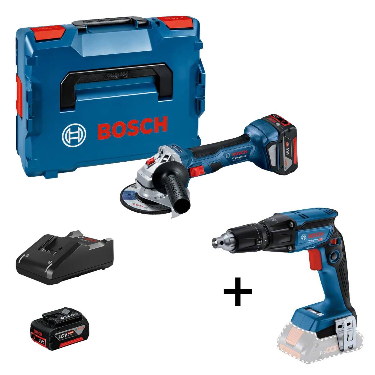 Bosch cordless power tool set with a blue carrying case, drill/driver, angle grinder, two batteries, and a charger.